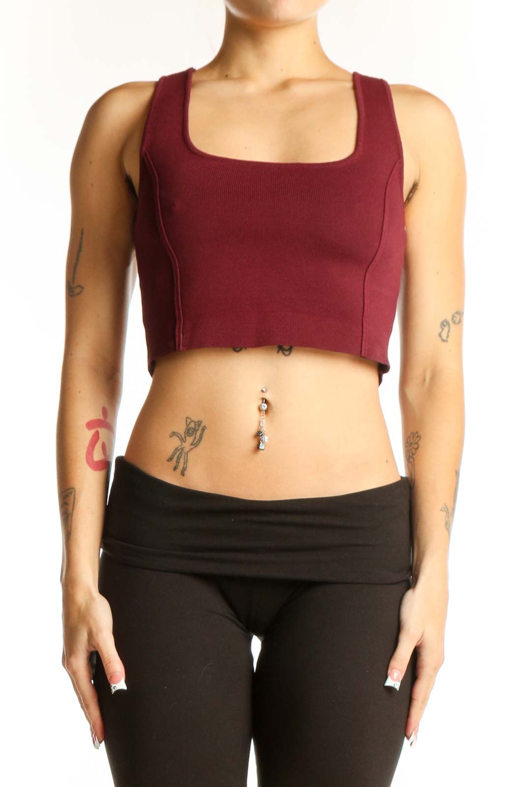 Burgundy Nylon Crop Top Front