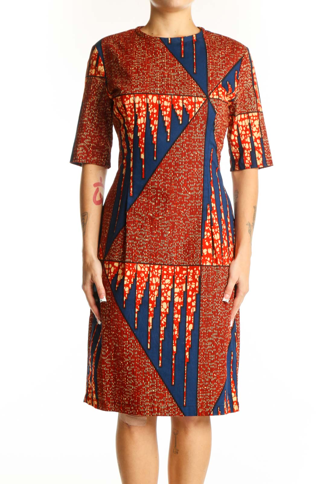 Orange Geometric Print Midi Dress Front