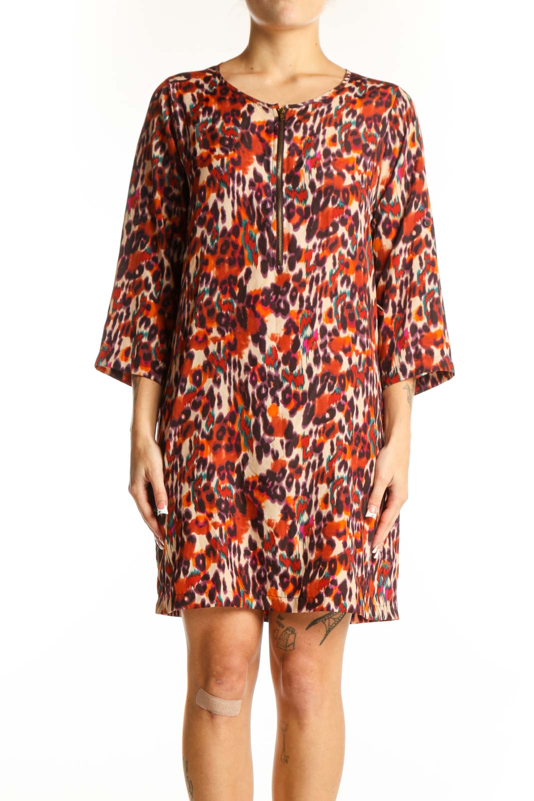 Orange Leopard Print Shift Dress Front