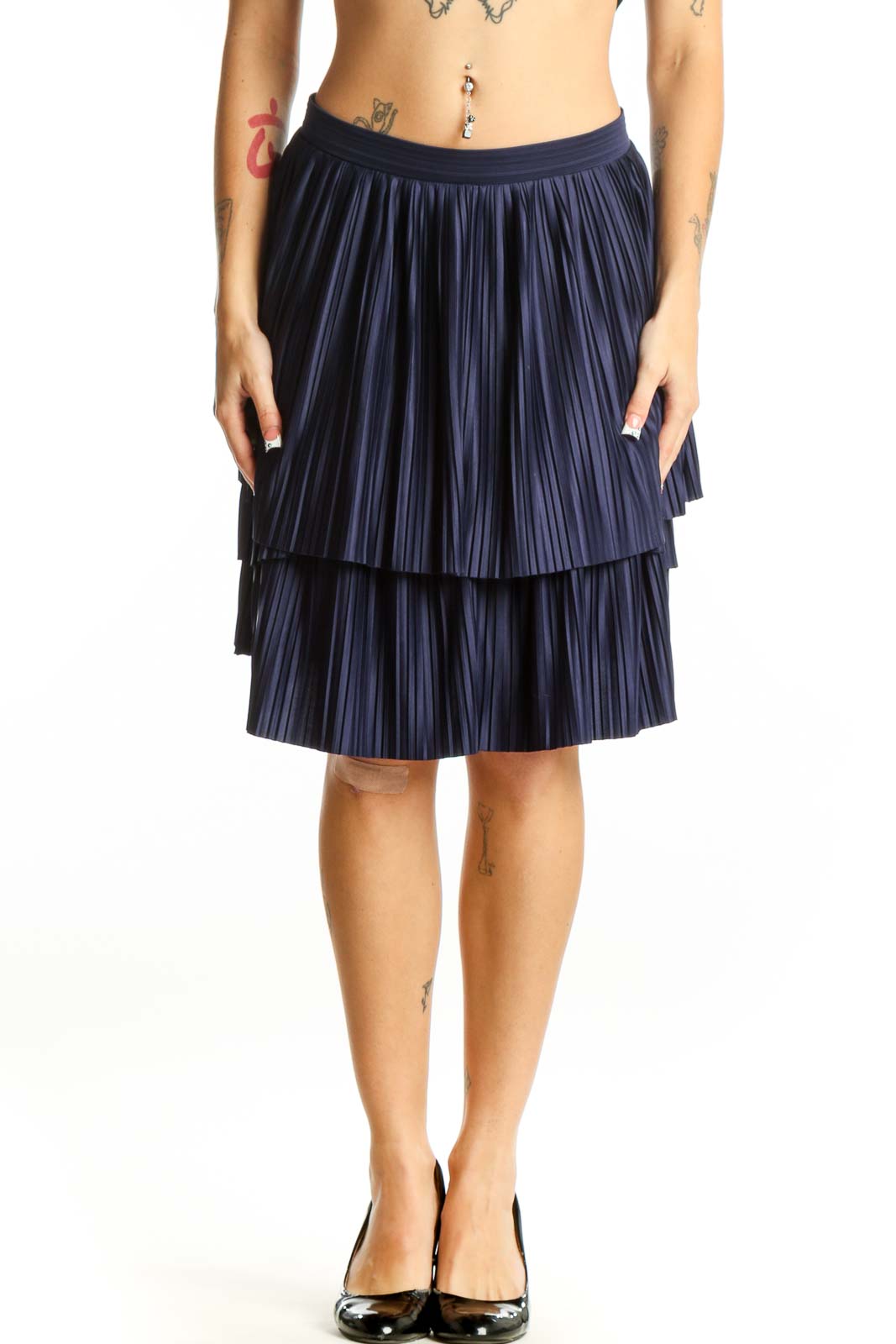 Navy Pleated Tiered Skirt Front
