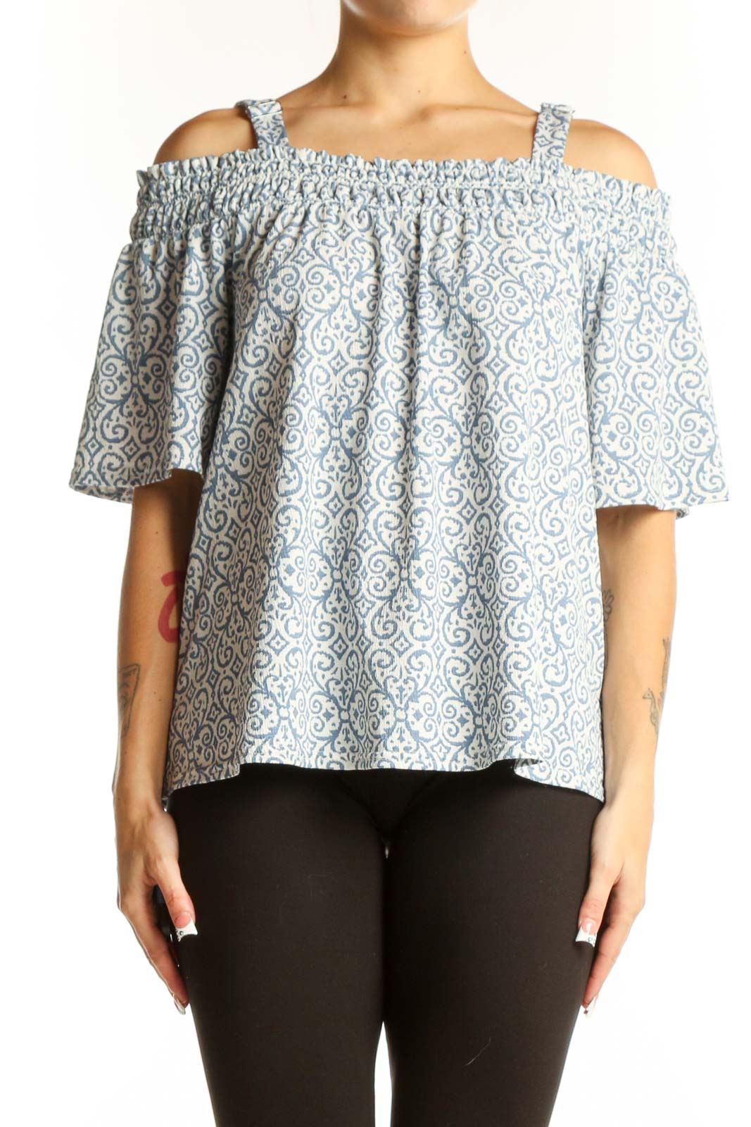 Blue and White Floral Off-Shoulder Top Front