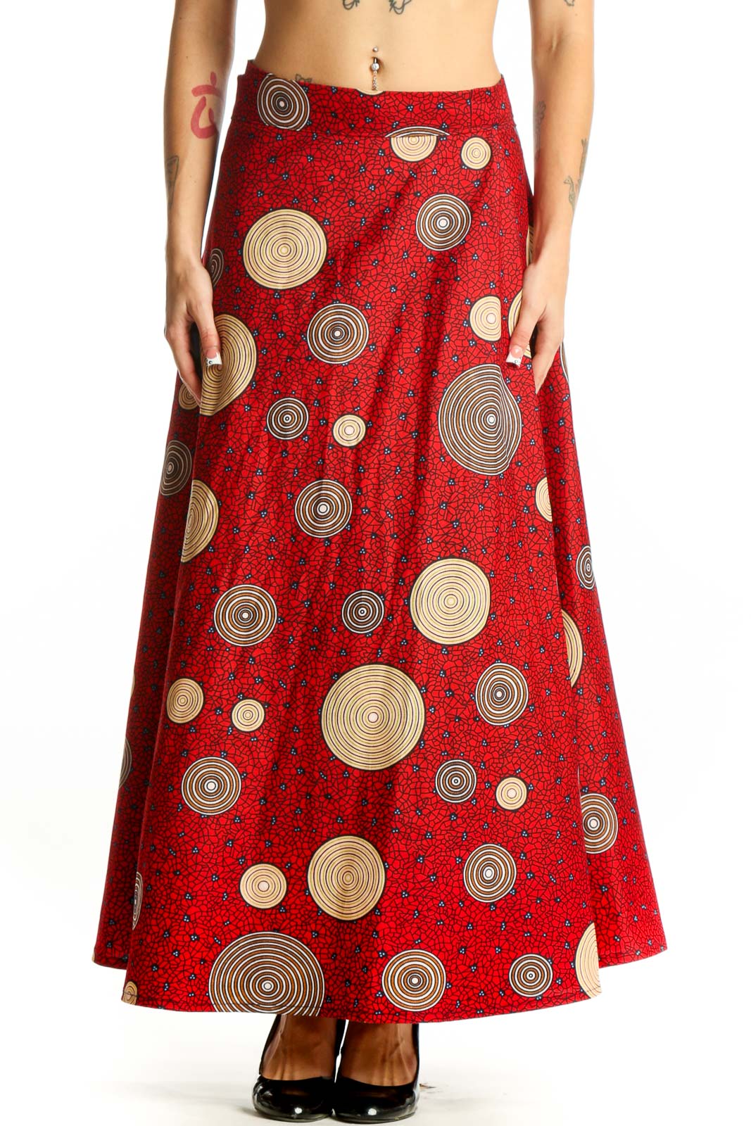 Red Circular Pattern Maxi Skirt Front