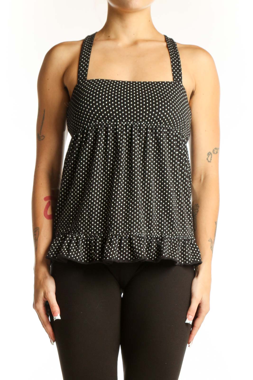 Black Polka Dot Cotton Halter Top Front