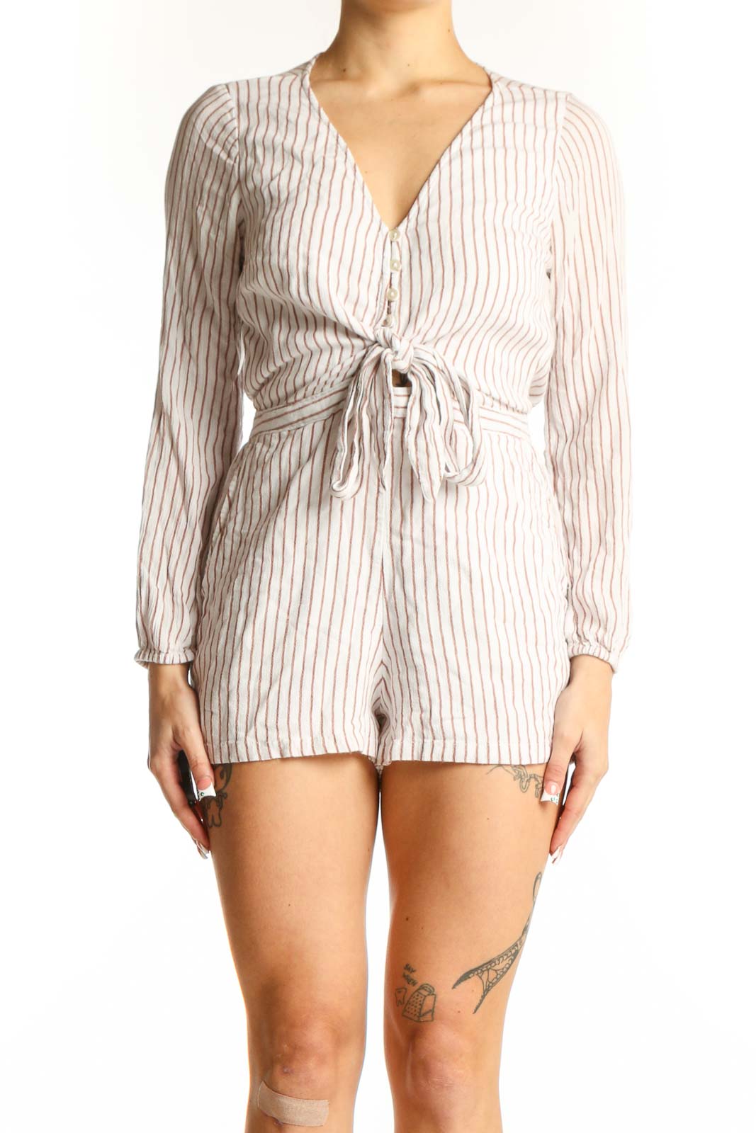 White Striped Tie-Front Romper Front