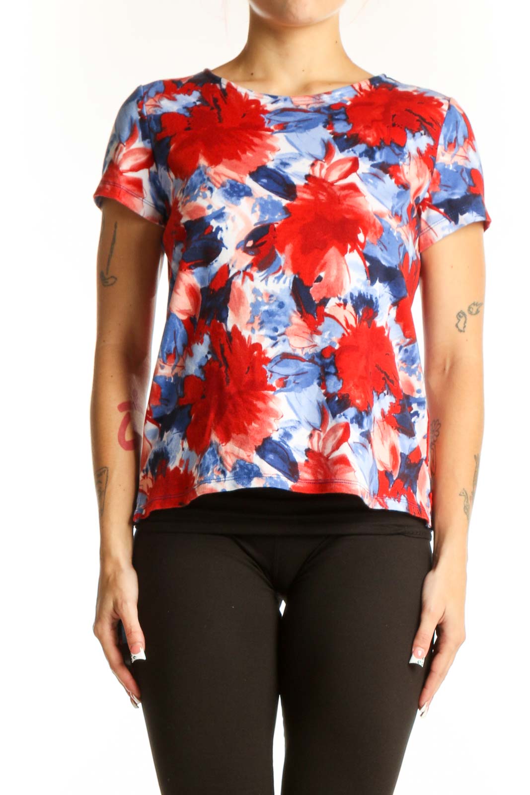 Red and Blue Floral Print Cotton Top Front