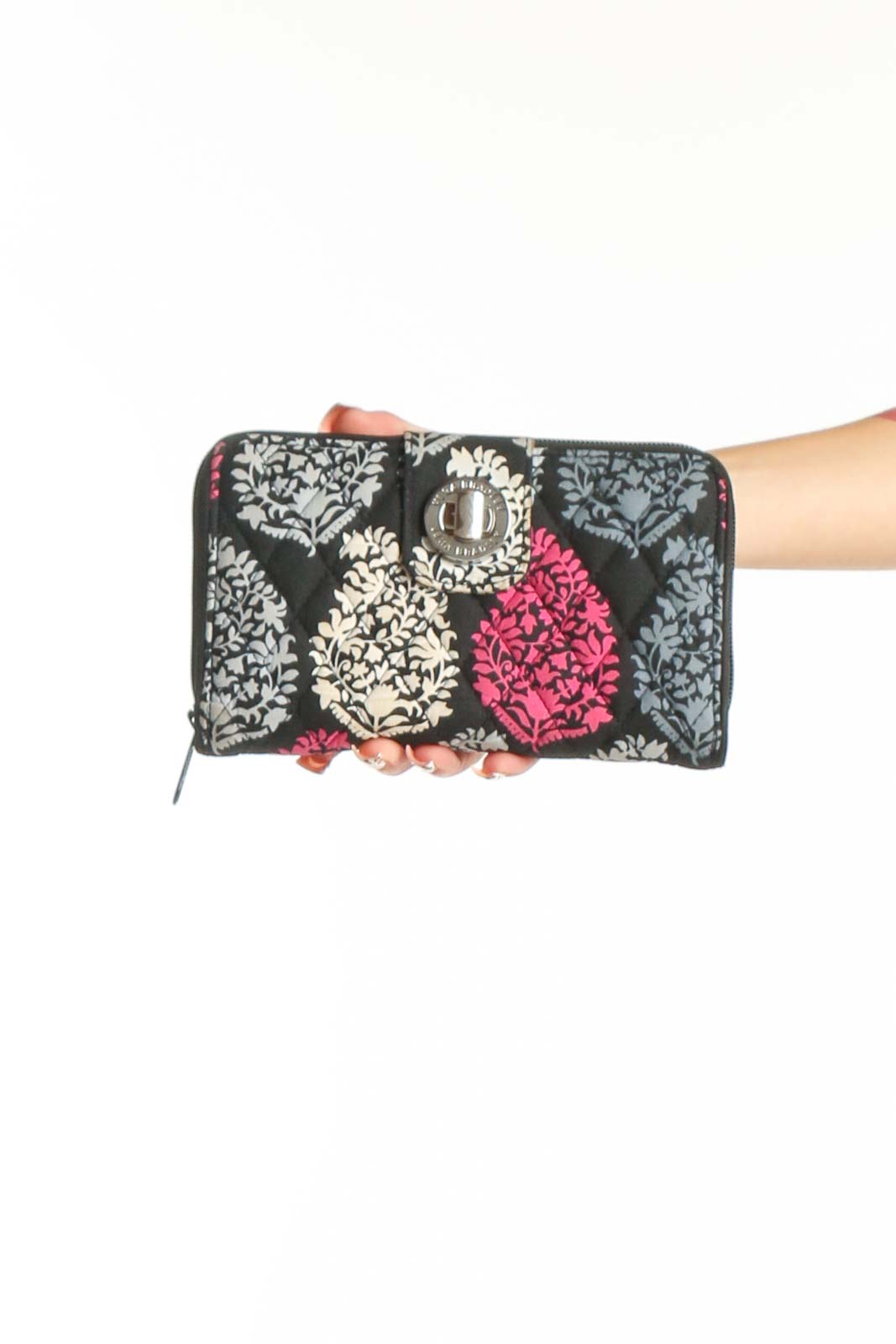Black Floral Print Zip-Around Wallet Front