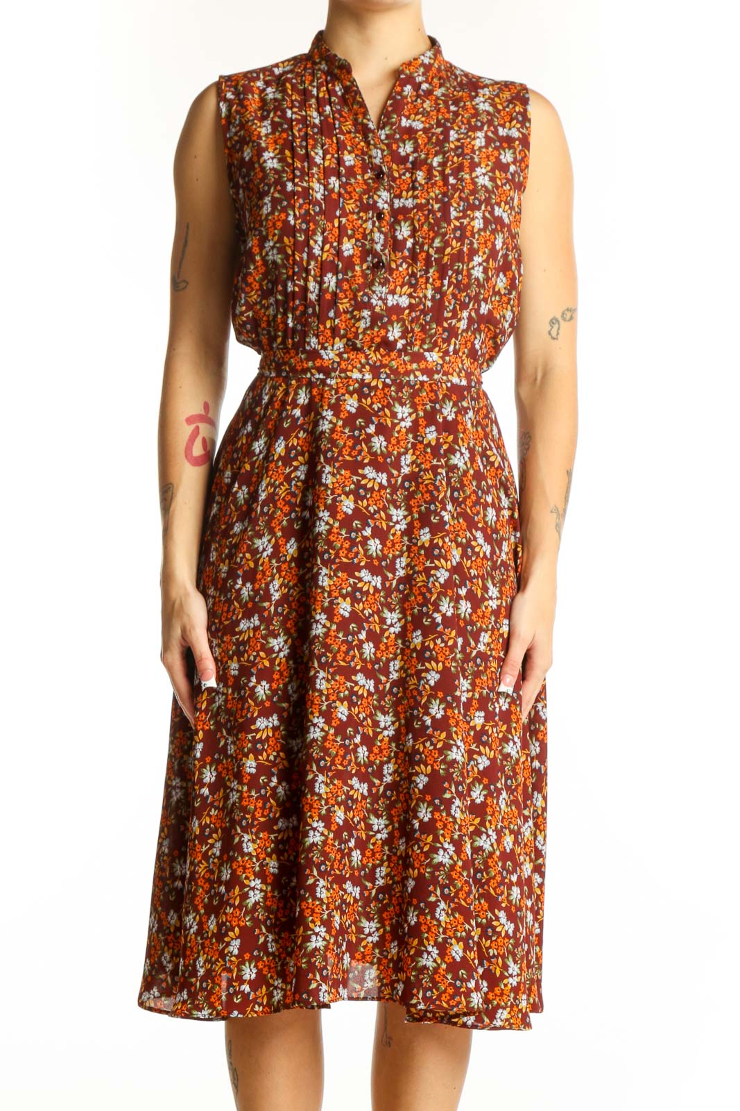 Orange Floral Sleeveless Midi Dress Front