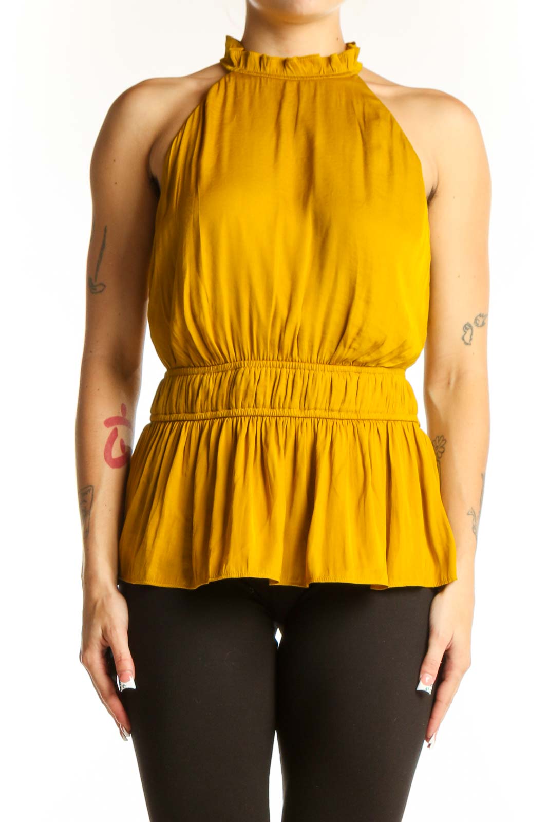 Mustard Ruffled Neck Sleeveless Peplum Top Front