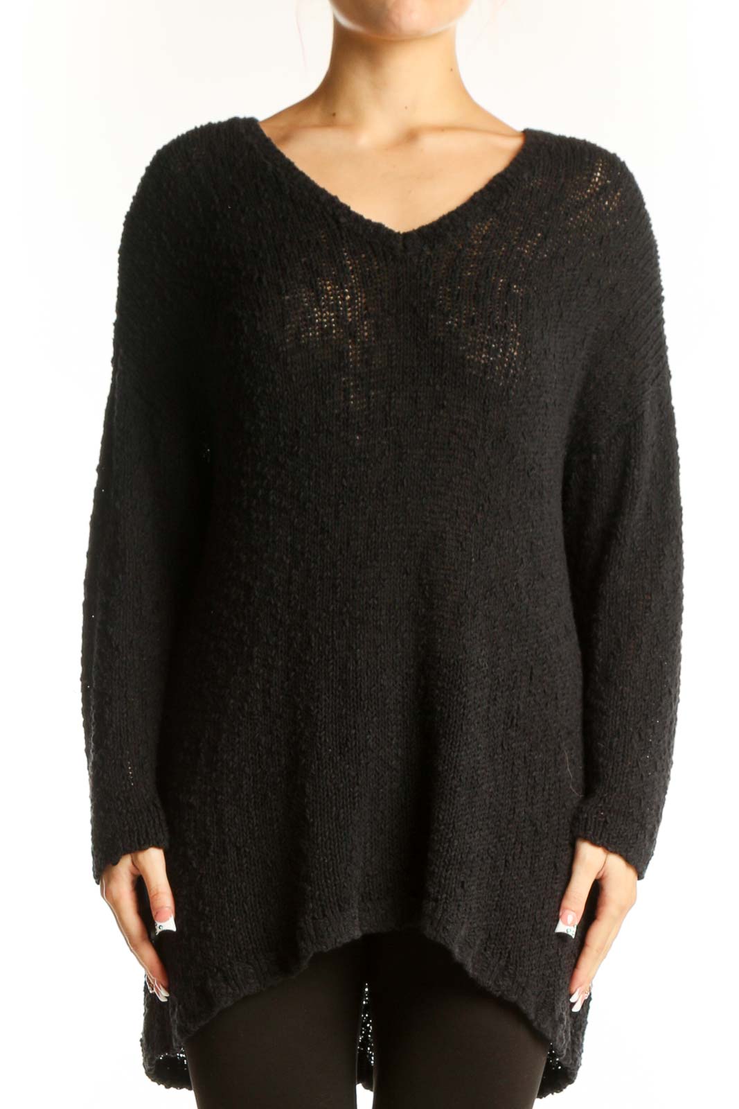 Black Oversized V-Neck Knit Sweater Front