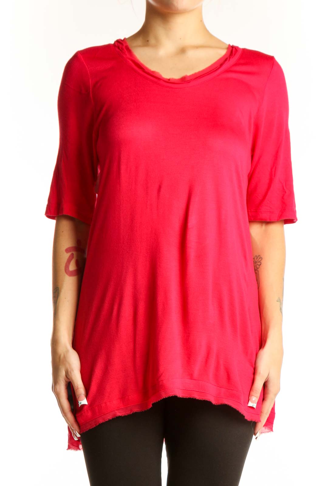 Red Relaxed Fit Elbow-Sleeve Top Front