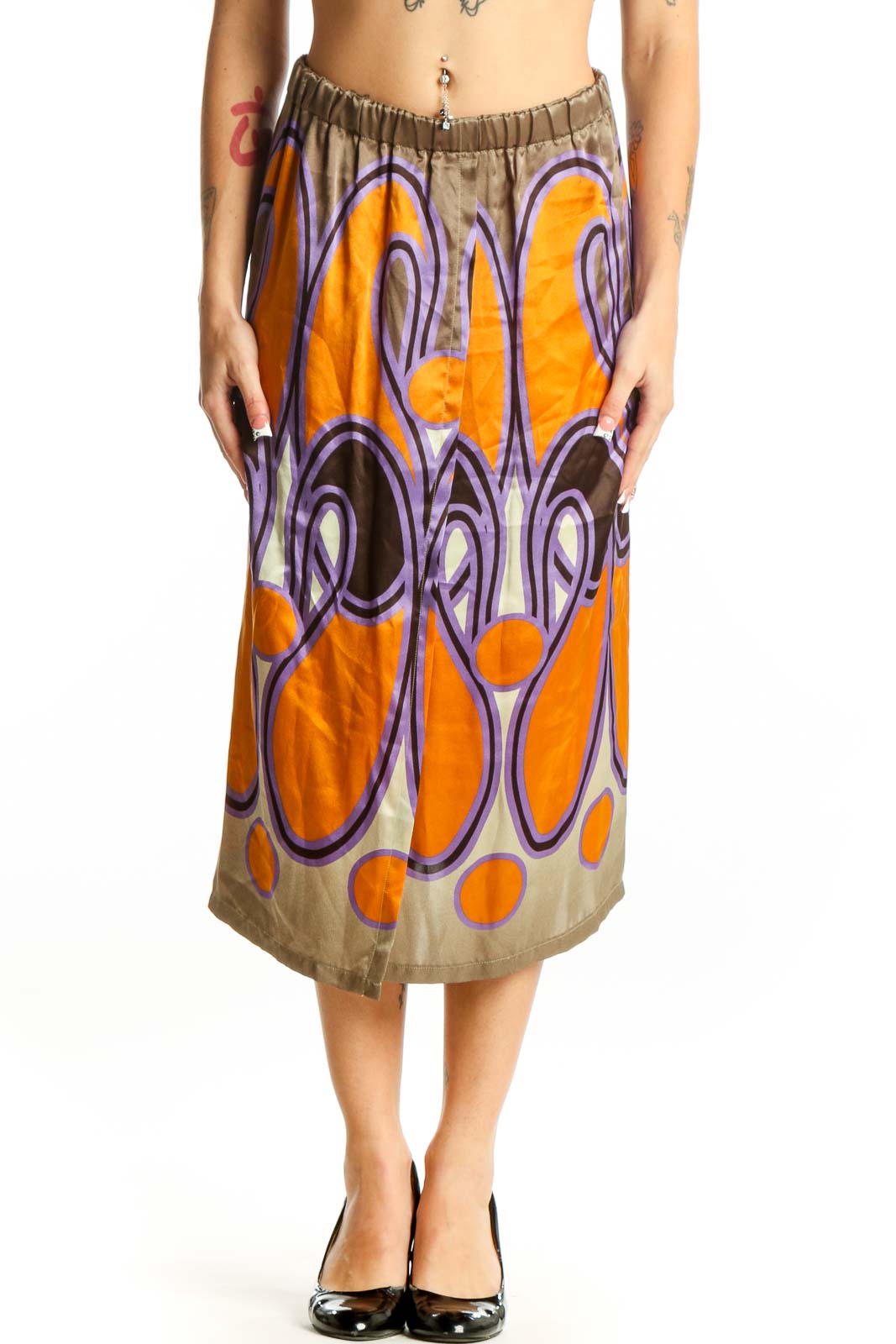 Orange and Purple Abstract Print Silk Skirt Front