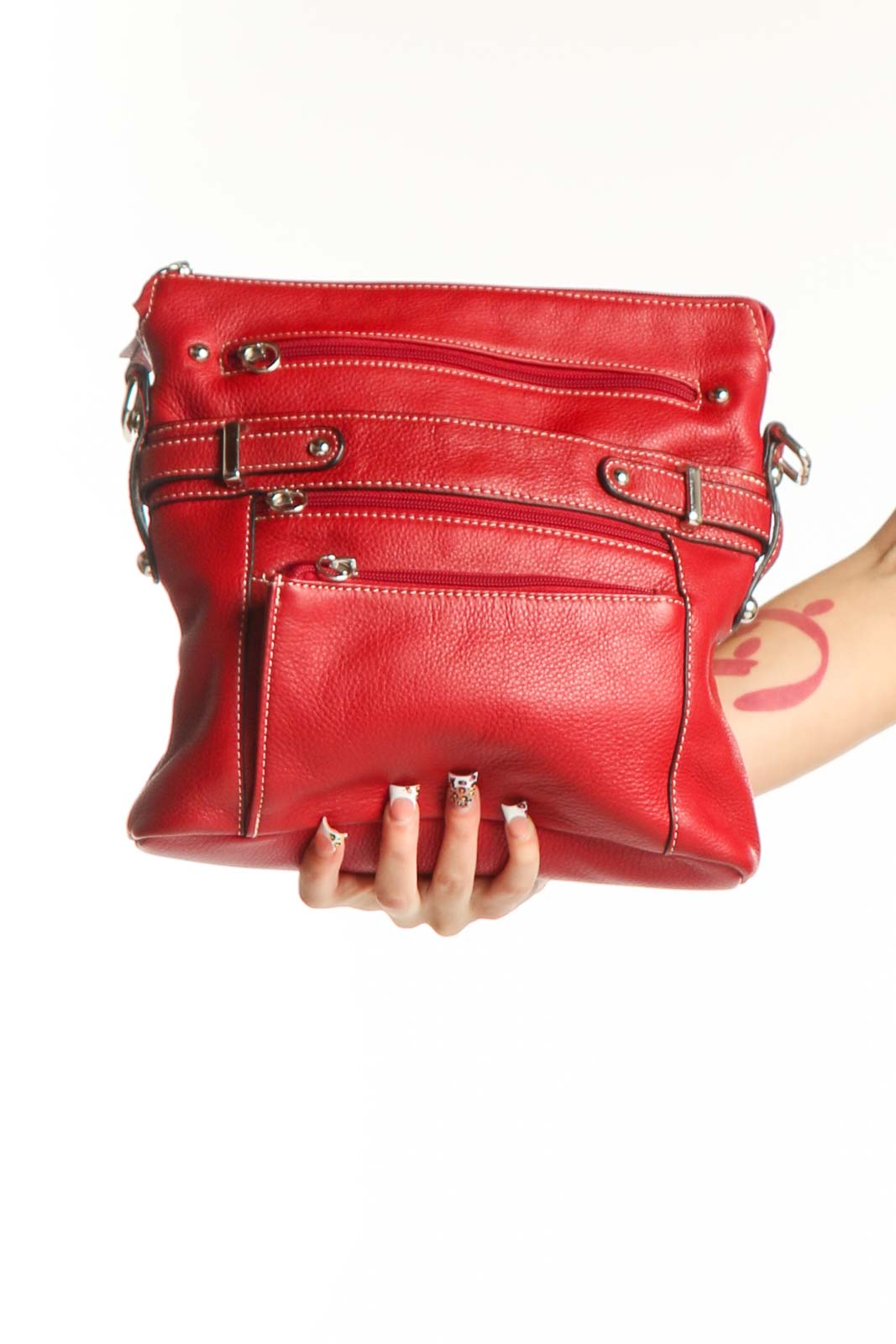 Red Leather Multi-Pocket Crossbody Clutch Front
