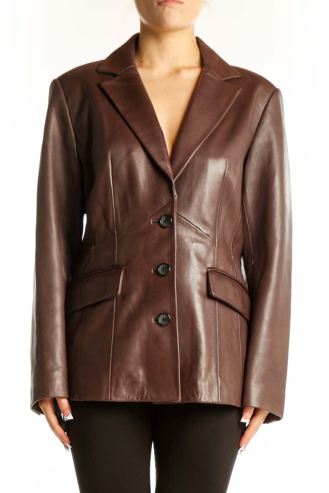 Brown Lambskin Leather Blazer Jacket Front