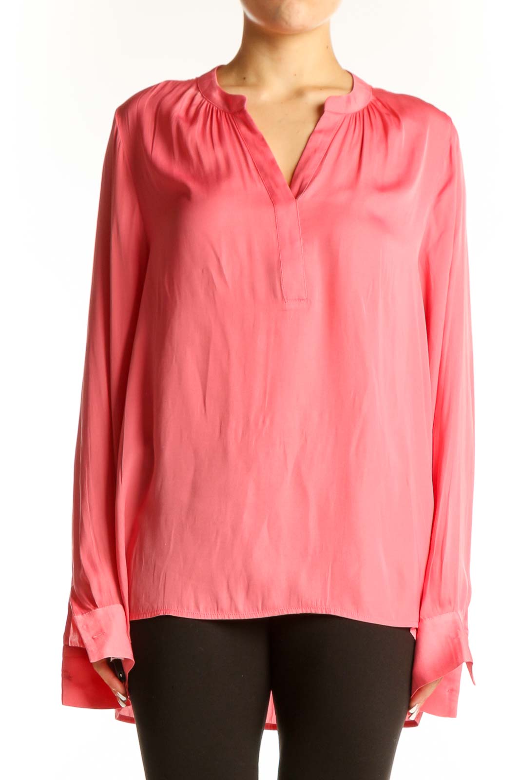 Pink Flowy Long-Sleeve Polyester Blouse Front