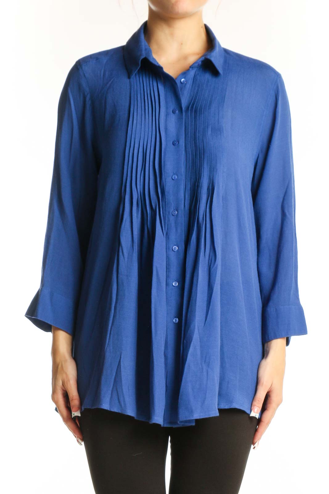 Blue Pleated Button-Down Blouse Front