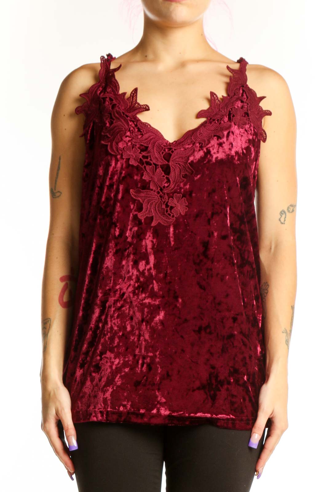 Burgundy Velvet Ruffle Camisole Top Front