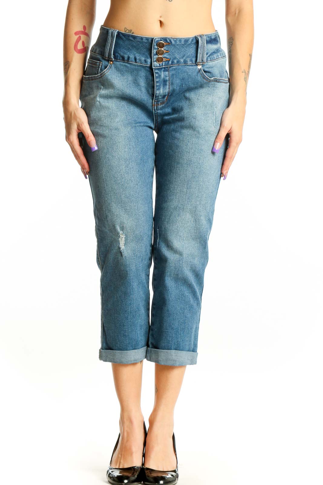 Blue Denim Cropped Jeans with Rolled Cuffs Front