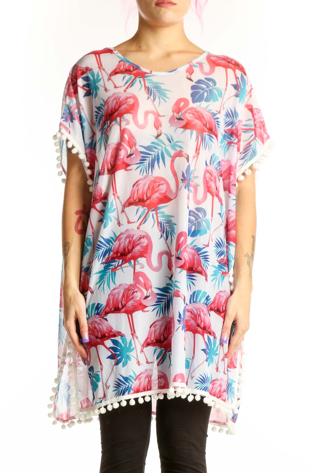 Cream Flamingo Print Pom-Pom Tunic Top Front
