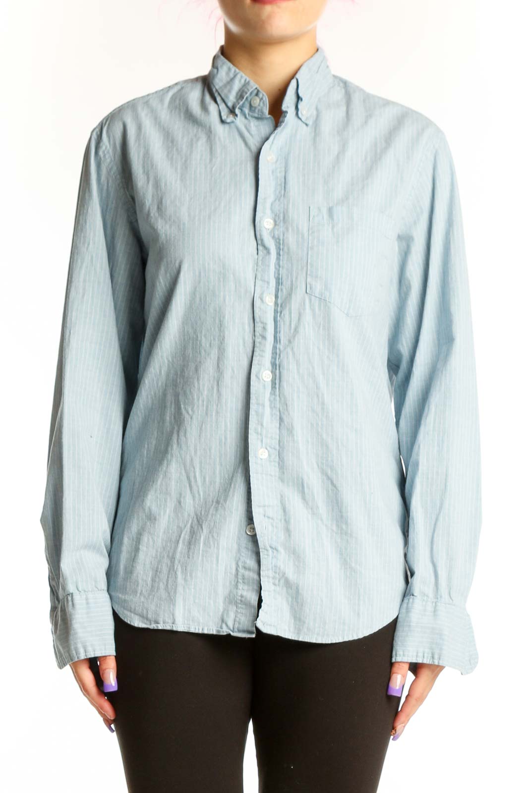 Blue Striped Cotton Button-Down Shirt Front