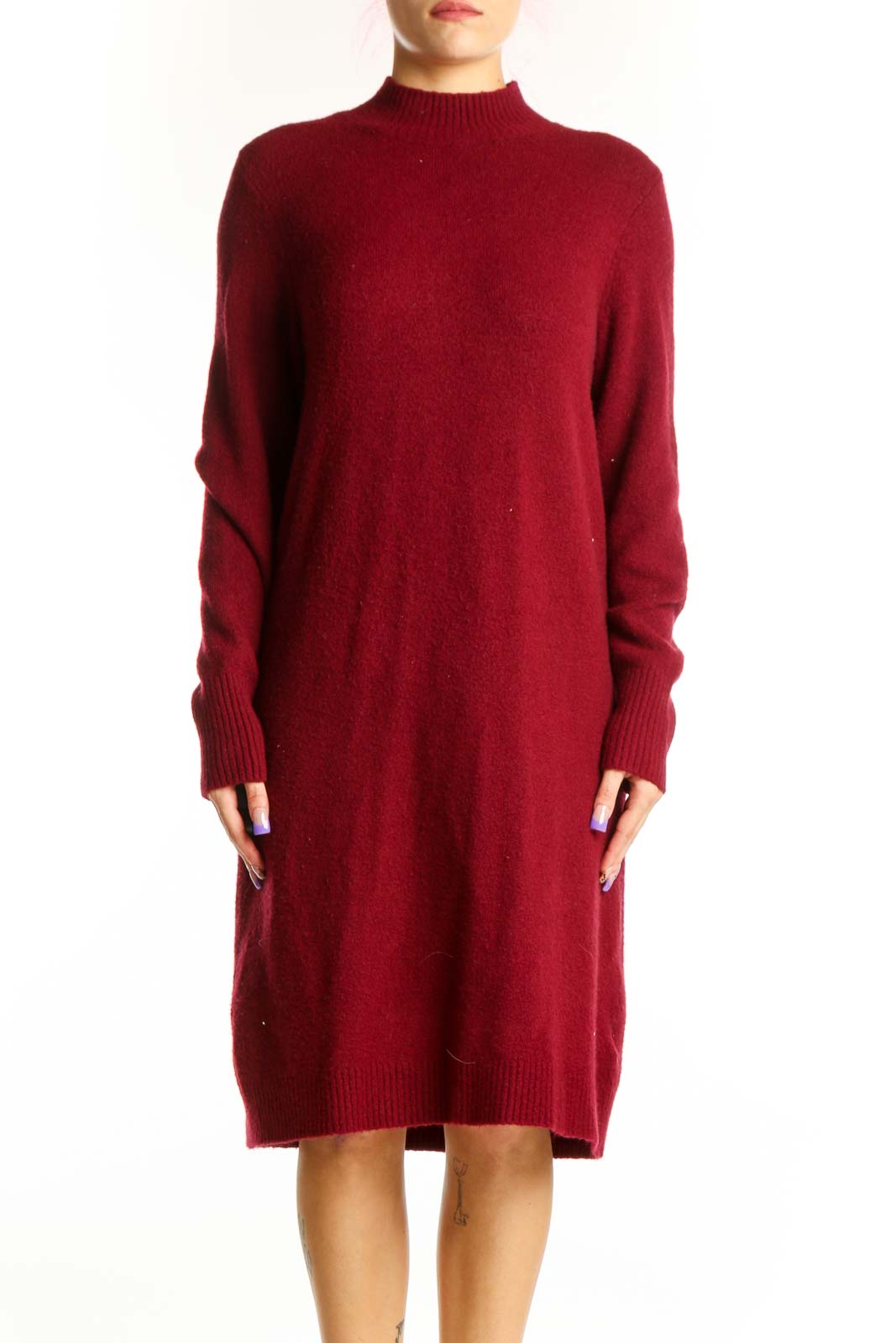 Burgundy Wool Blend Knit Sweater Dress Front
