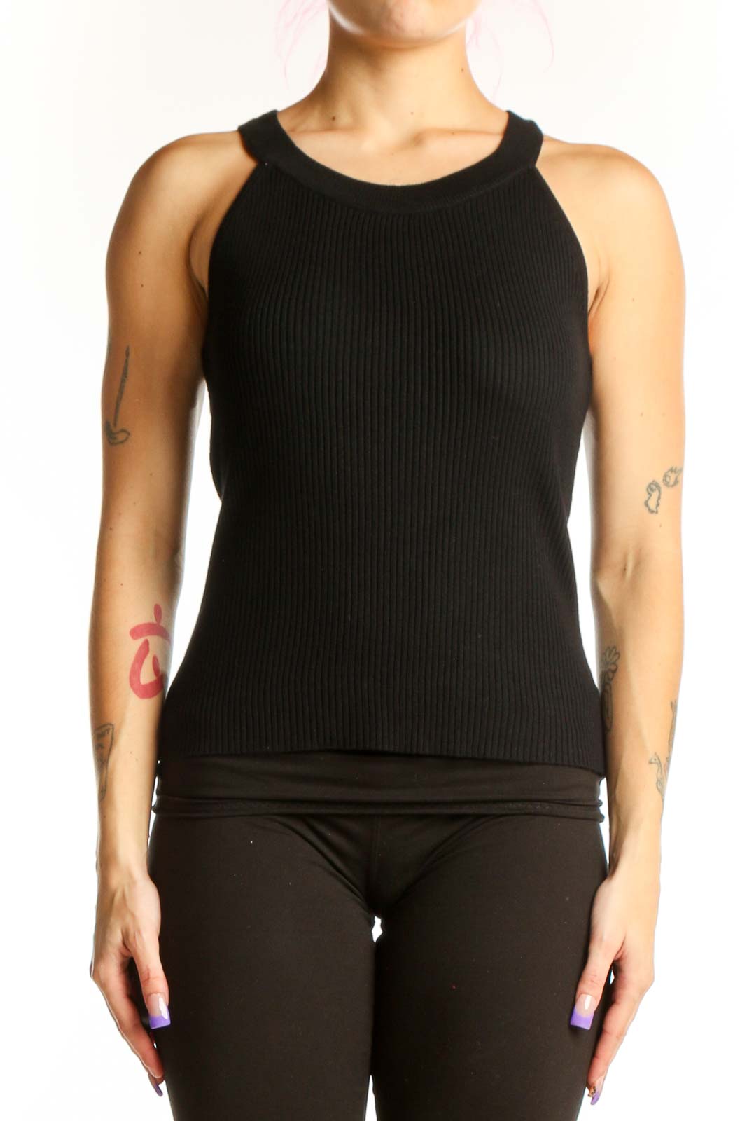 Black Ribbed Sleeveless Tank Top Front