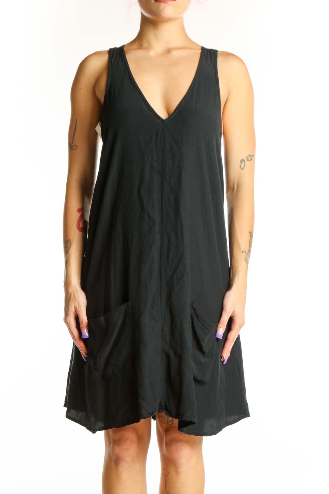 Black V-Neck Rayon Viscose Dress Front