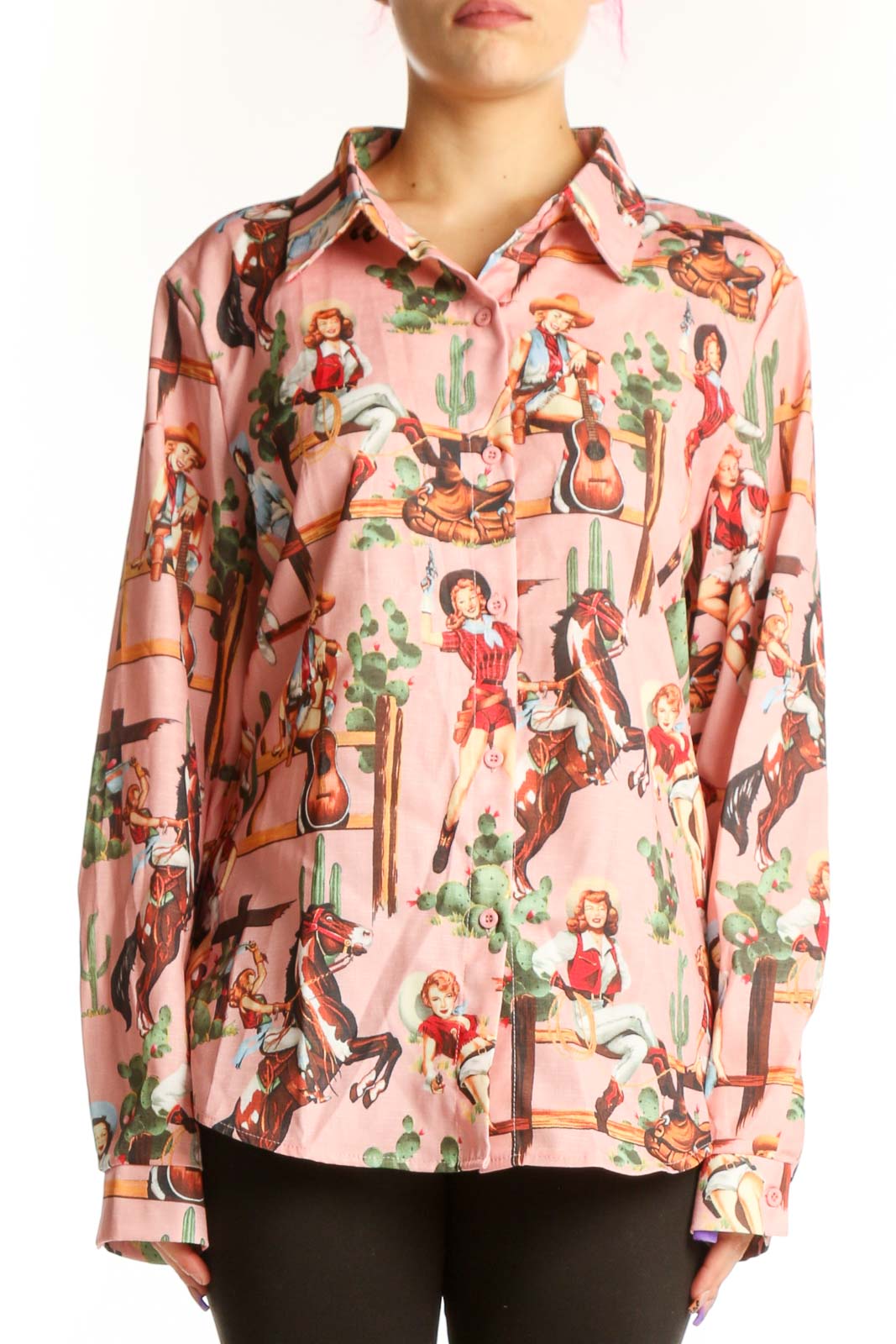 Pink Western Cowgirl Print Button-Up Shirt Front