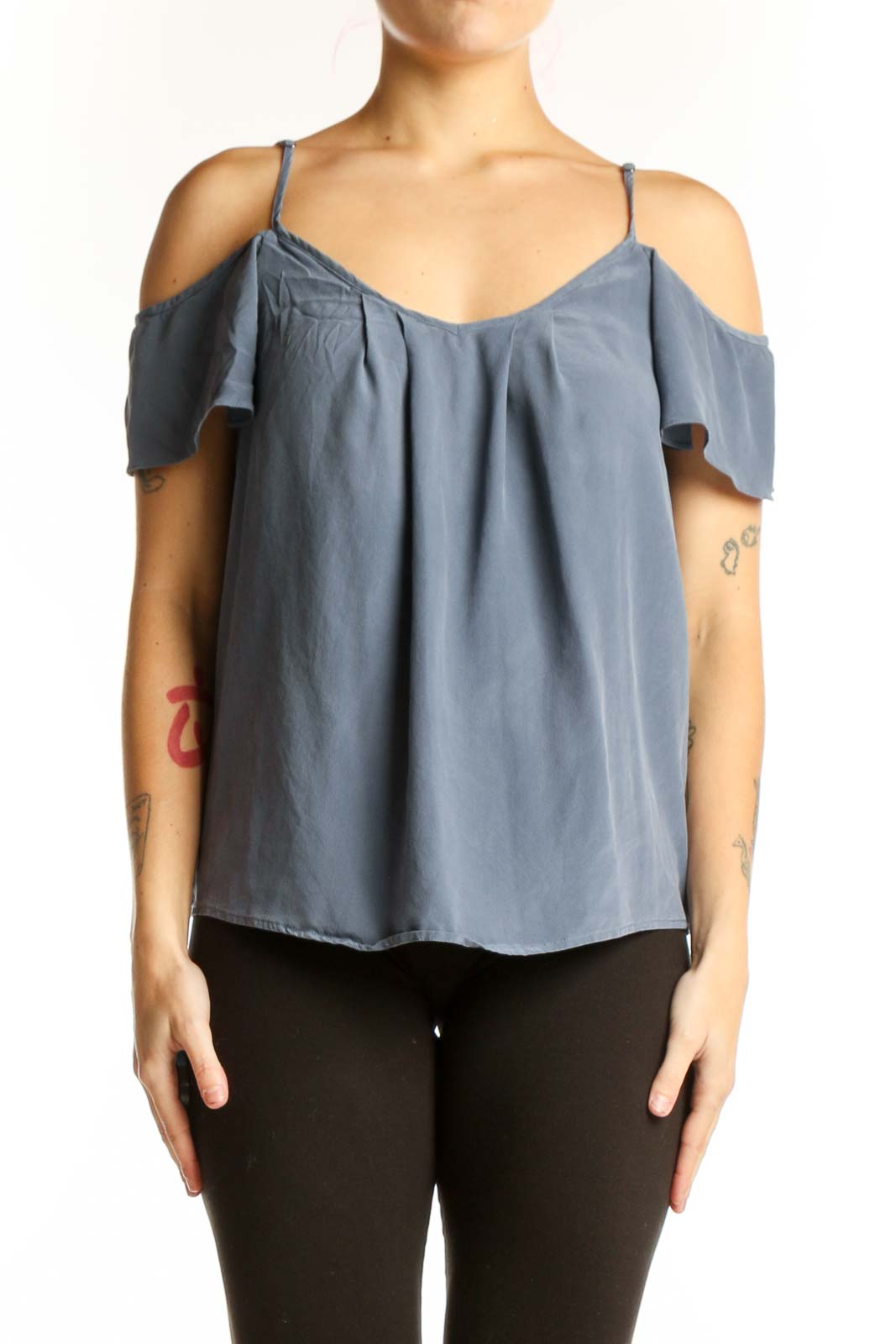 Blue Cold Shoulder Silk Camisole Top Front