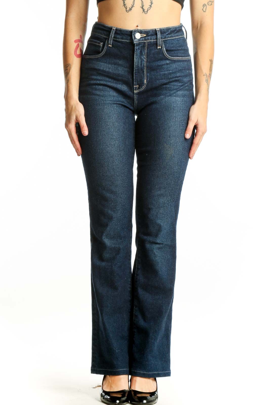 Dark Blue Flare Denim Jeans Front