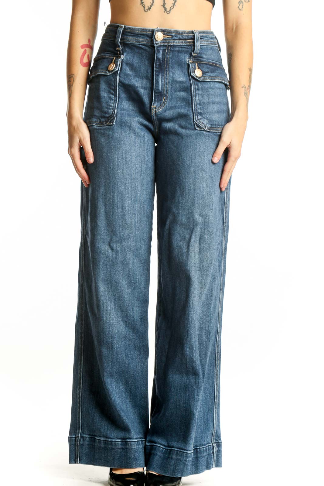Blue Wide Leg Cargo Jeans with Pockets Front