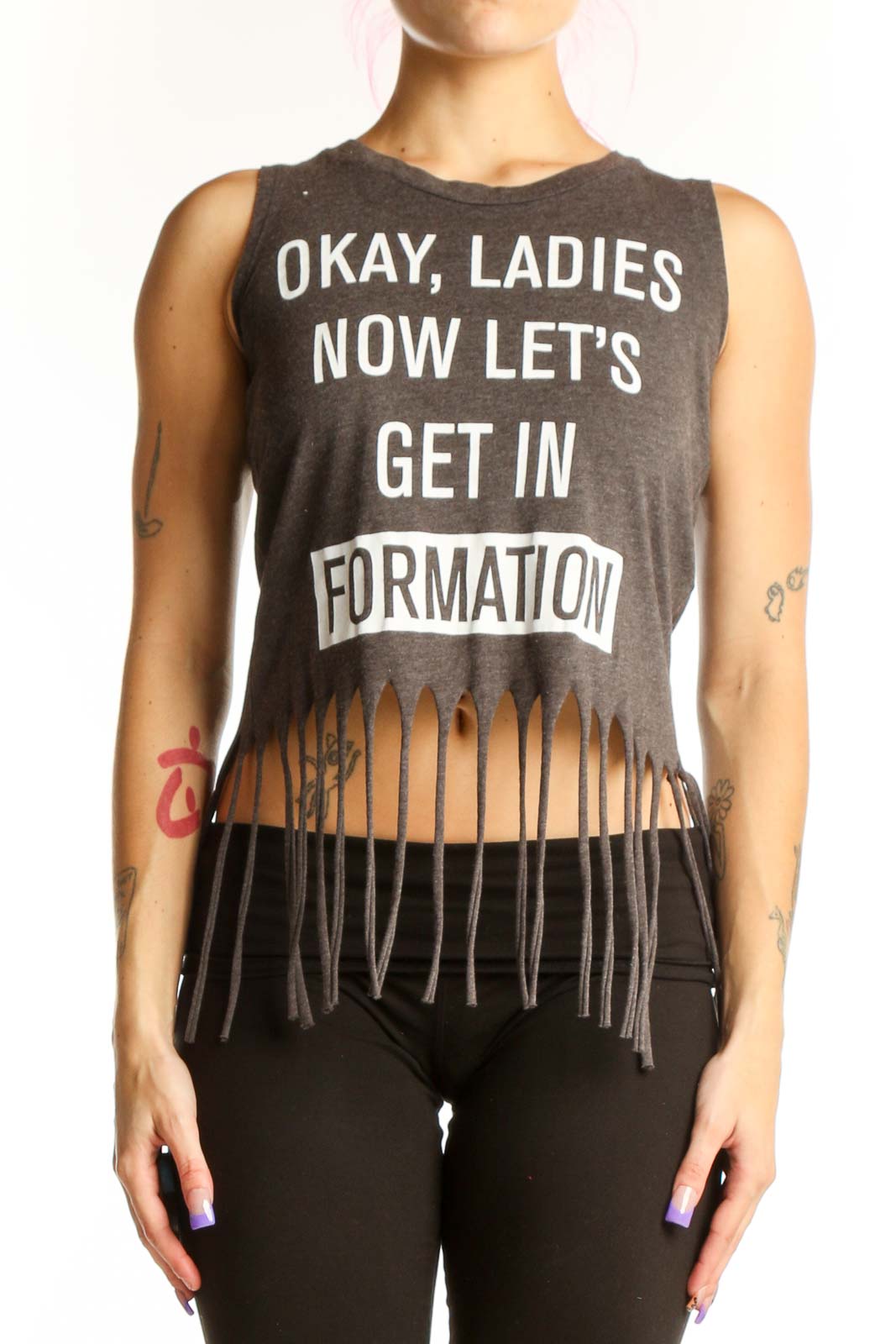 Charcoal Graphic Cotton Tank Top with Fringe Front