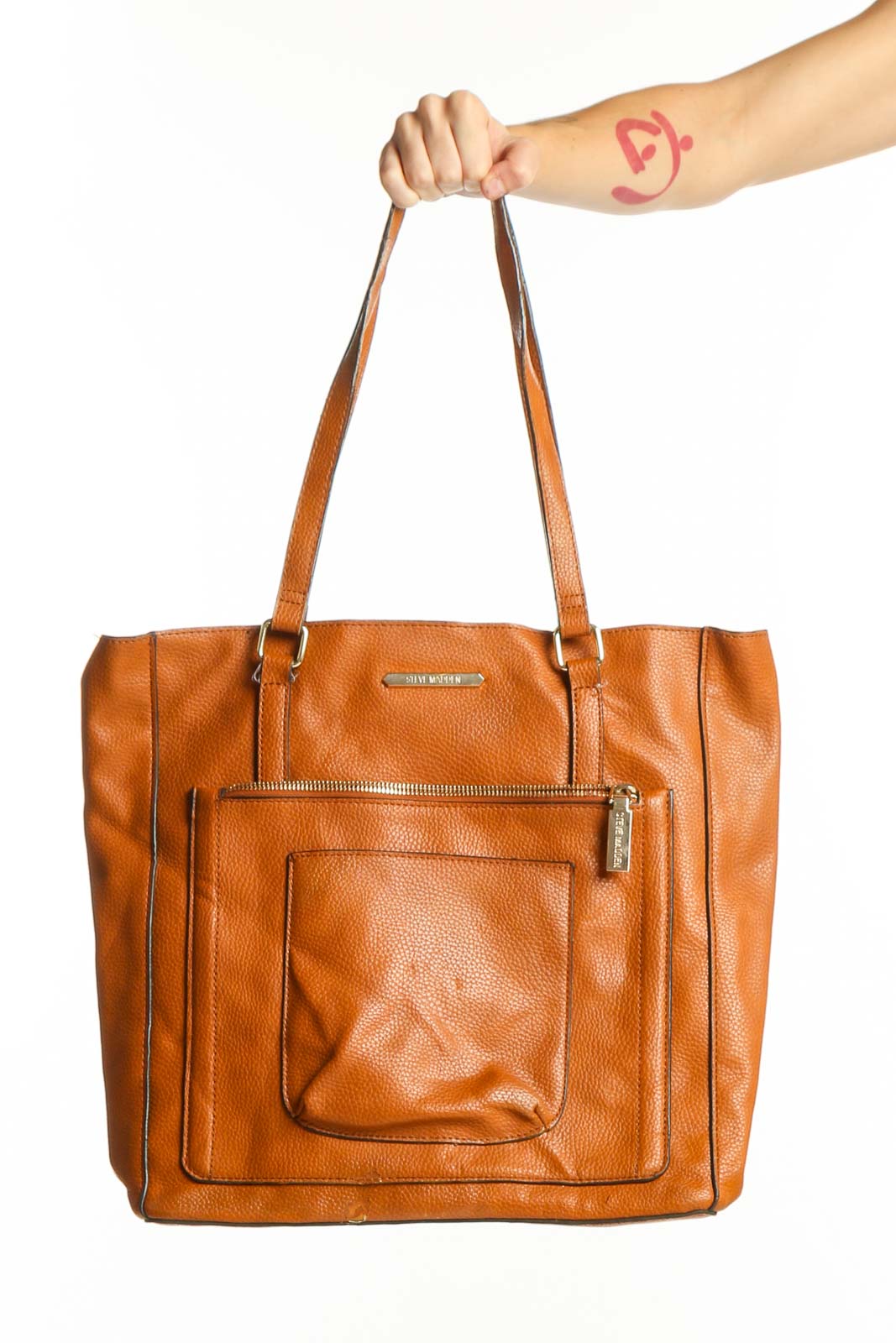 Orange Leather Tote Bag with Front Pocket Front