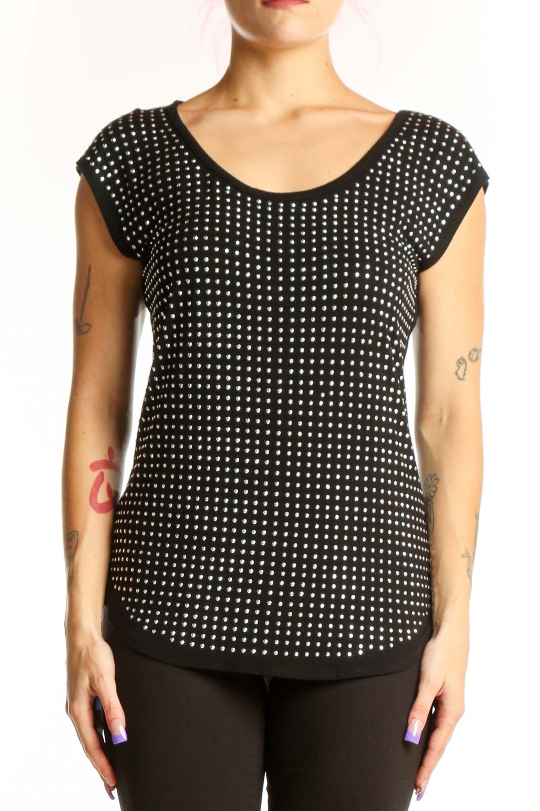Black Polka Dot Cap Sleeve Top Front