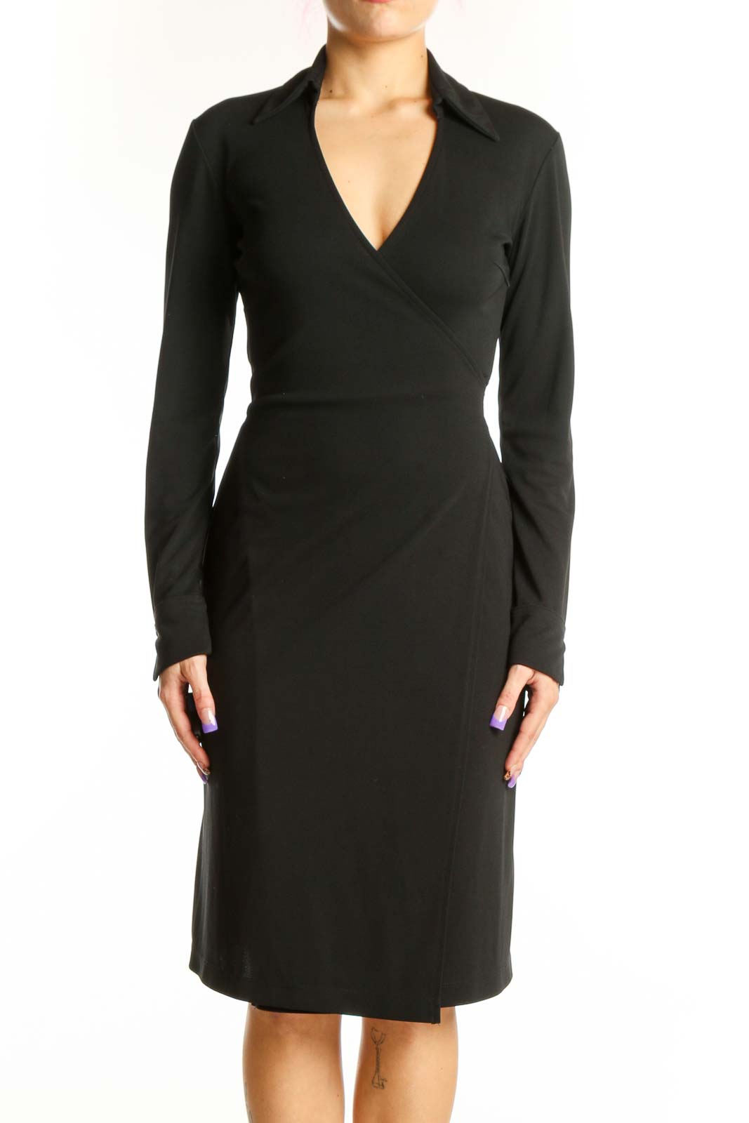 Black Wrap Long Sleeve Dress Front
