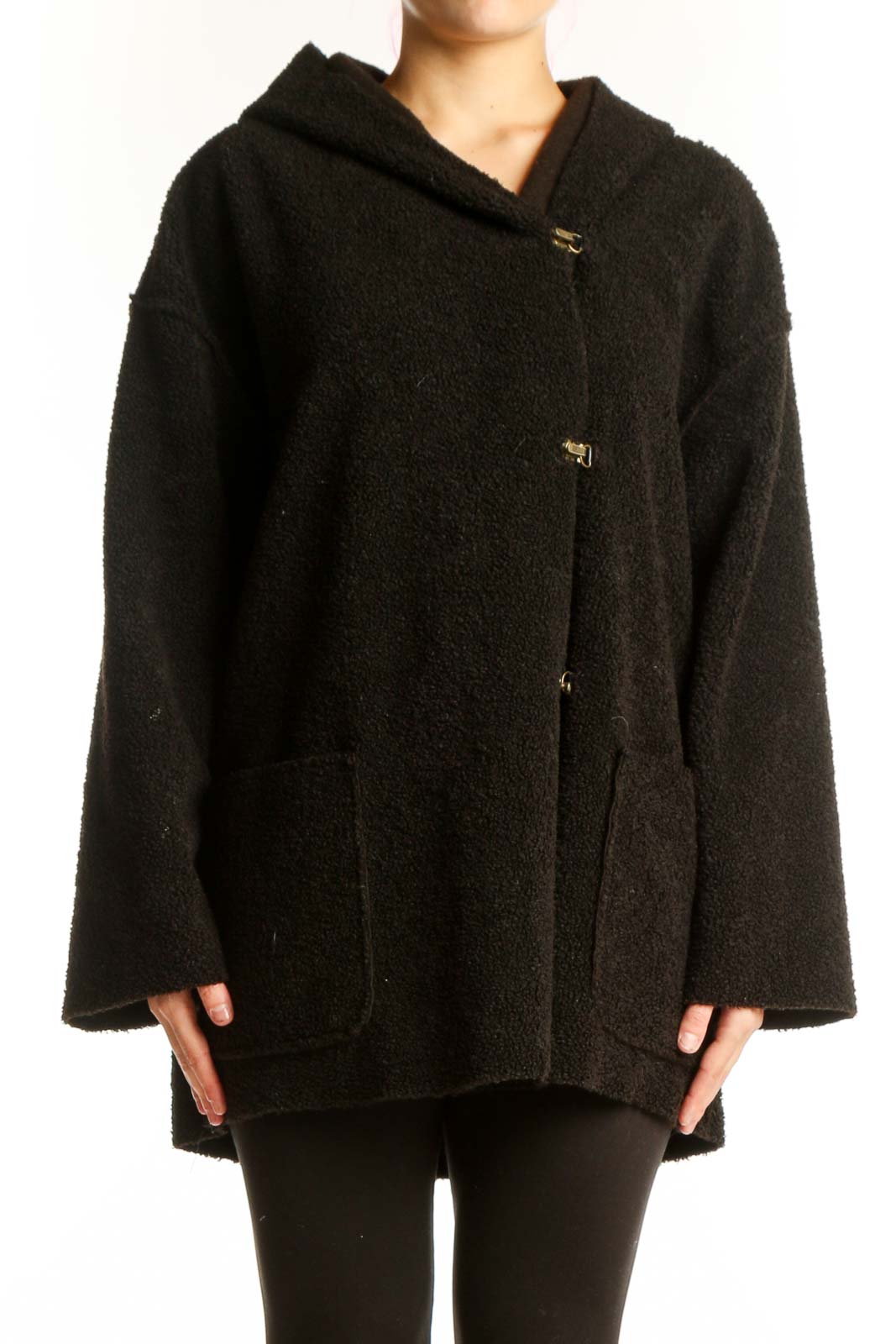 Black Hooded Polyester Jacket with Gold Buttons Front