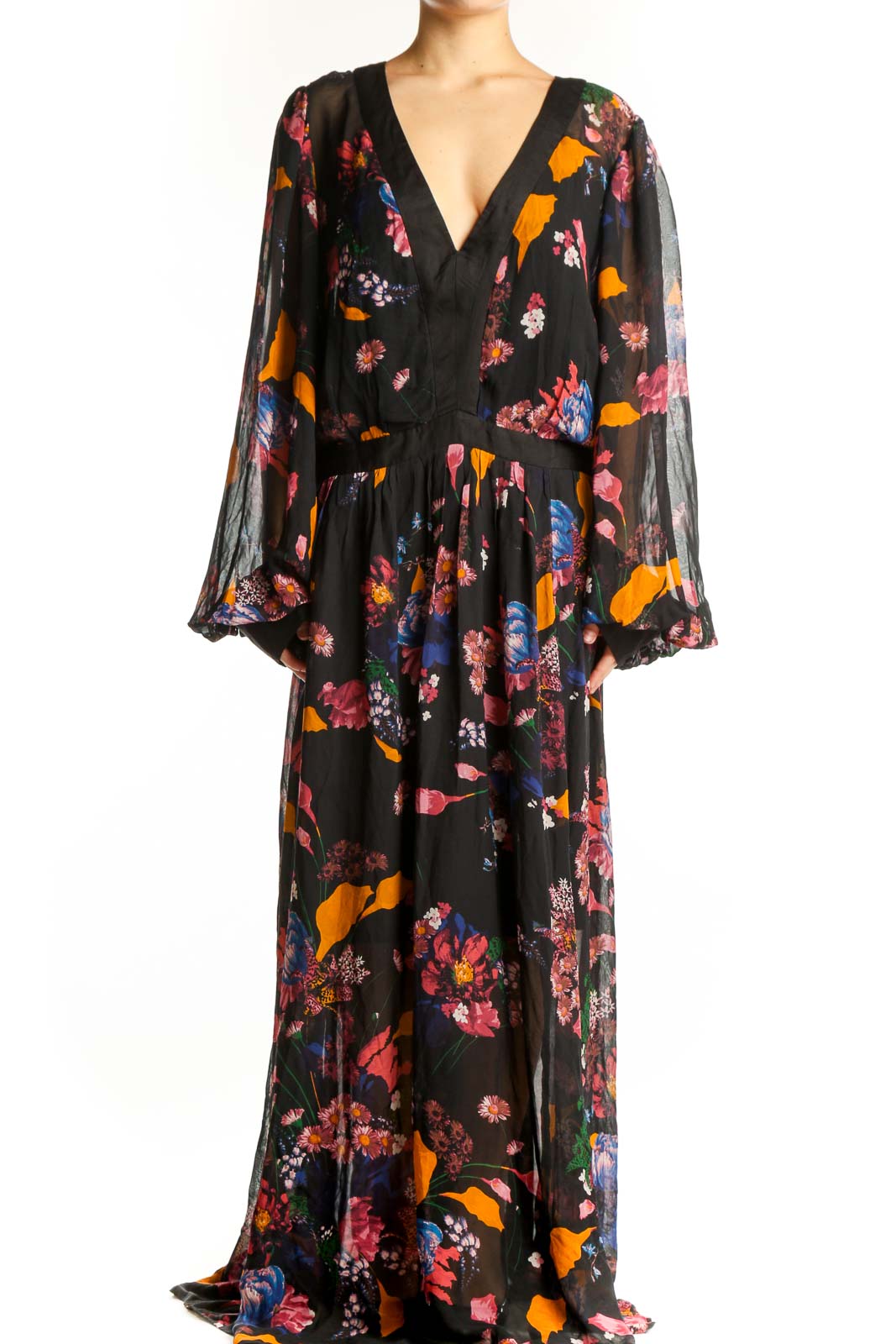 Black Floral Maxi Wrap Dress Front
