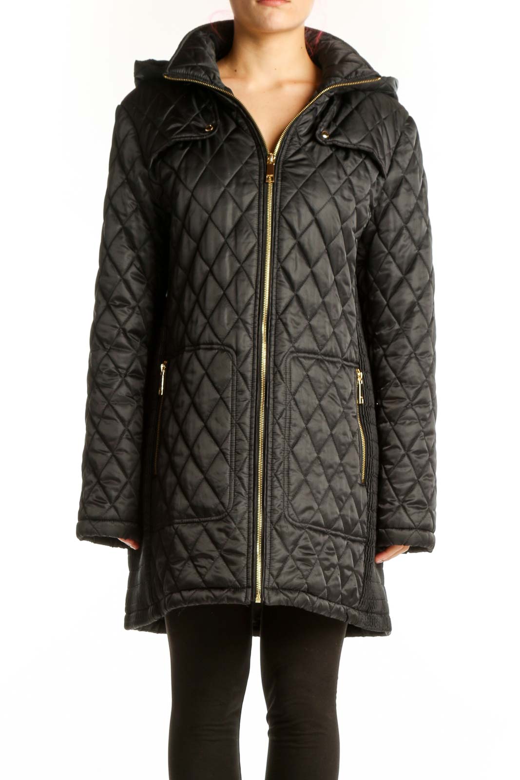 Black Quilted Hooded Parka Coat Front
