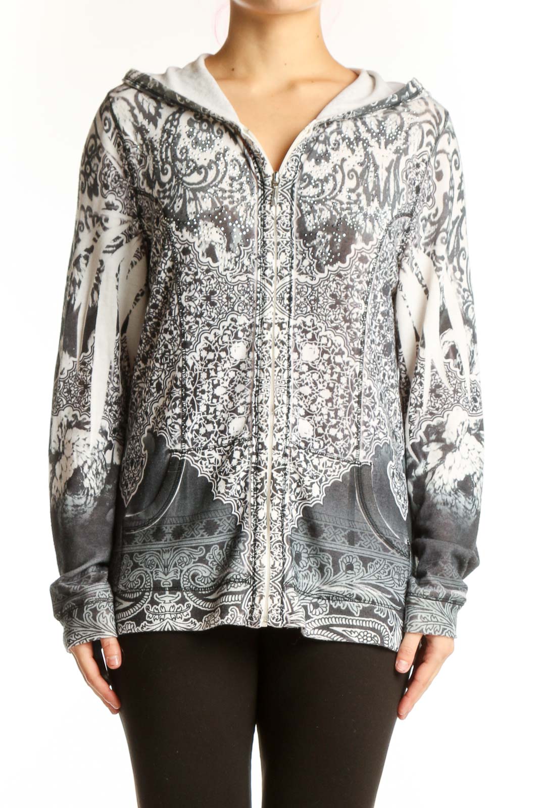 Gray Paisley Zip-Up Hooded Jacket Front