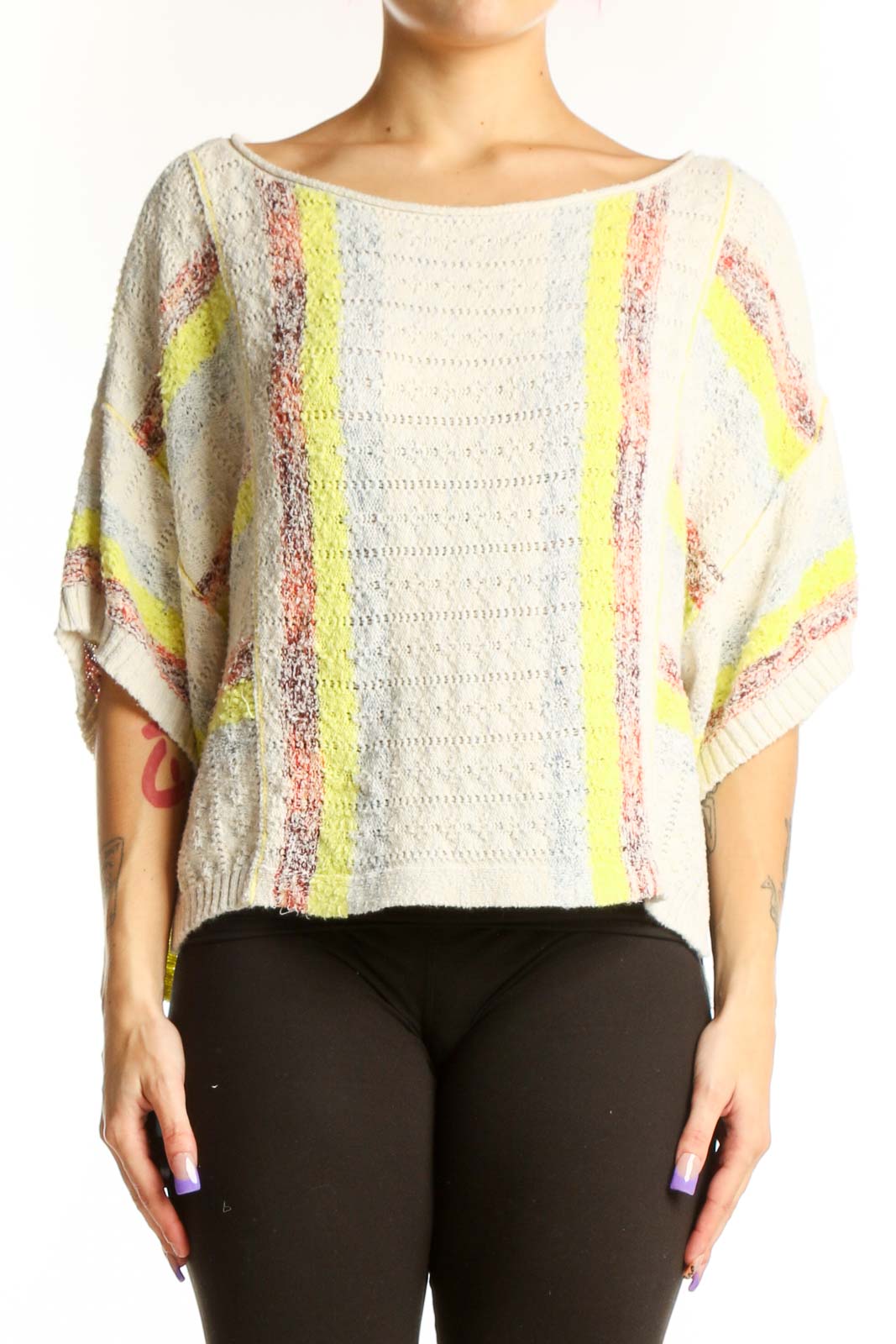 Cream Striped Knit Top with Neon Accents Front