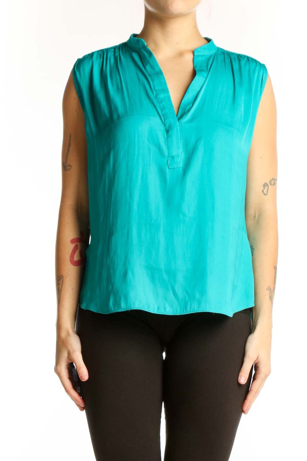 Turquoise Sleeveless V-Neck Blouse Front