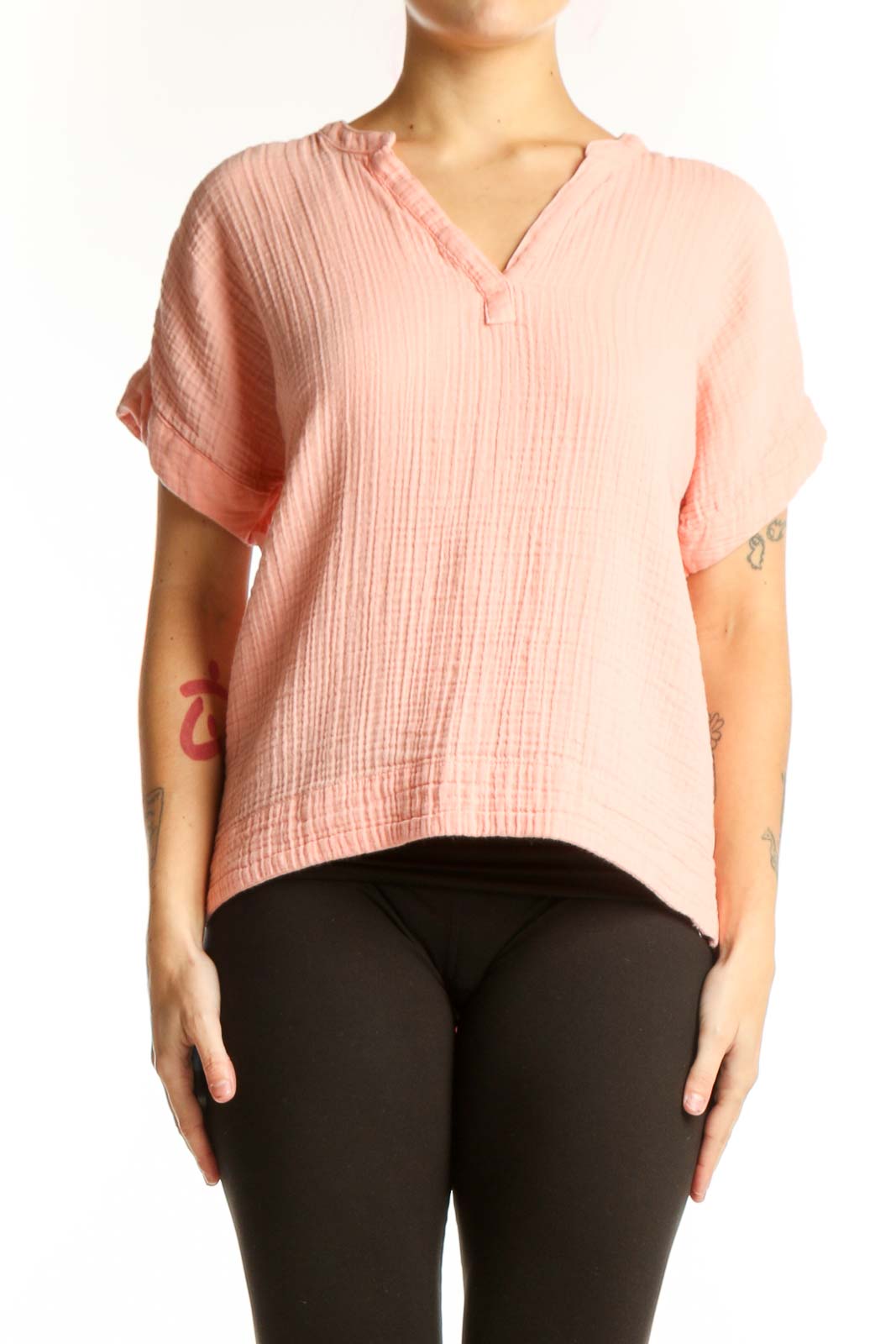 Pink Ribbed Cotton V-Neck Short Sleeve Top Front