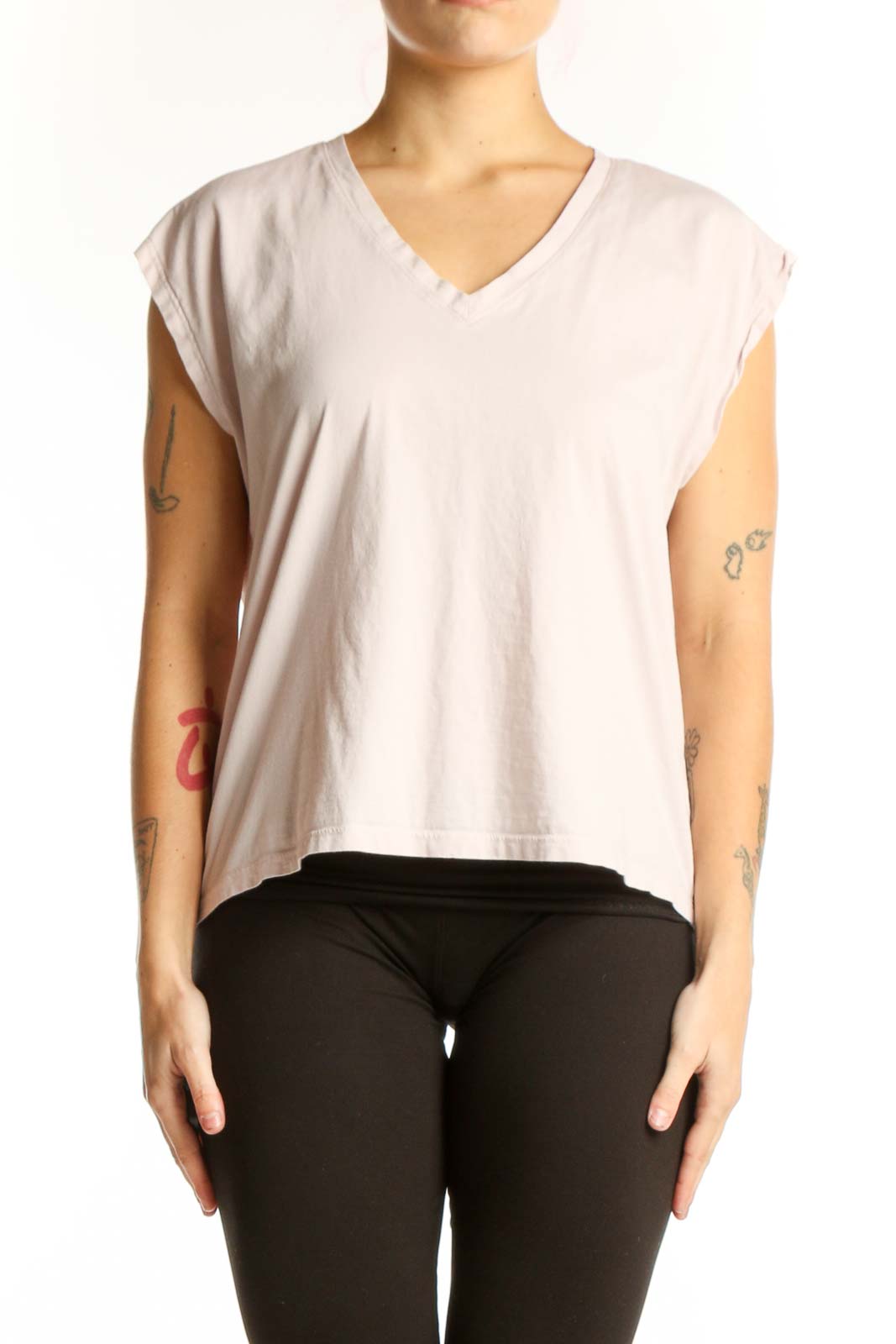 Cream Cotton V-Neck Cap Sleeve Top Front
