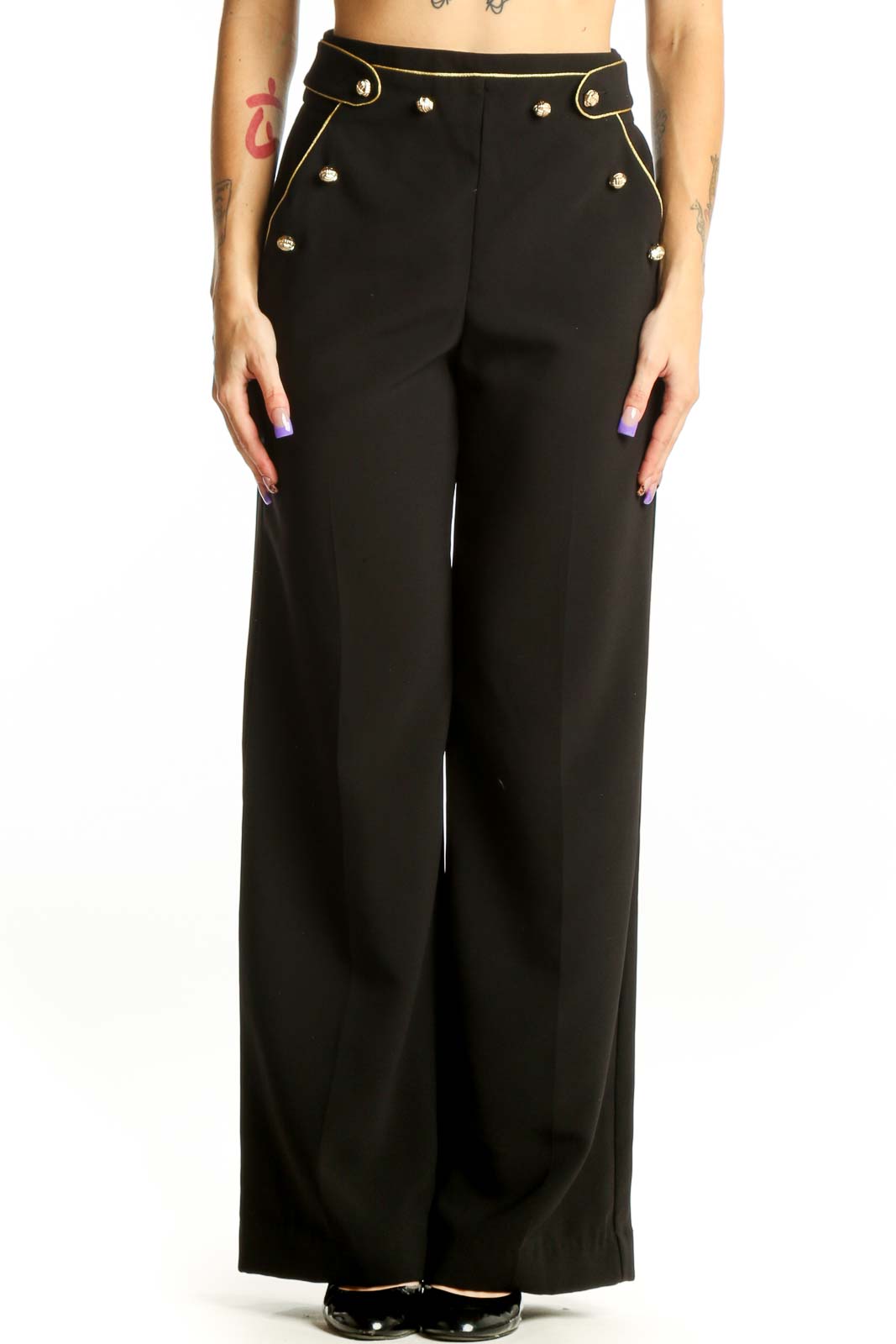 Black Wide-Leg Pants with Gold Stud Details Front