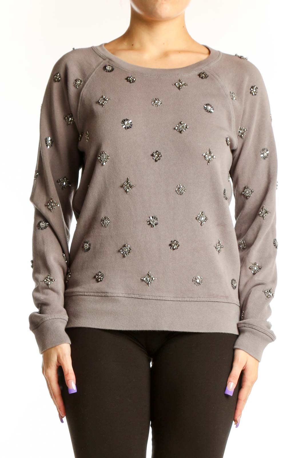 Taupe Embellished Cotton Sweatshirt Front