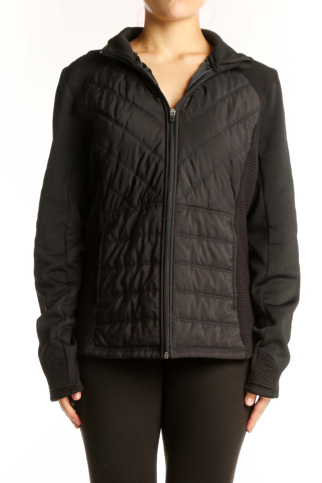 Black Quilted Hybrid Puffer Jacket Front