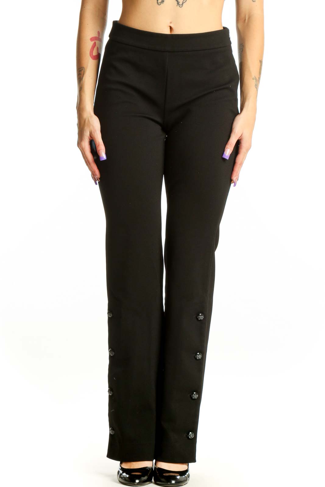 Black Flare Pants with Button Details Front
