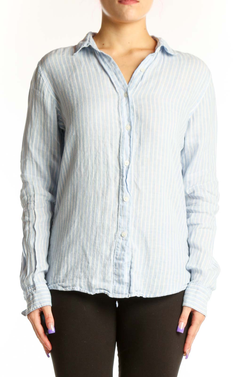 Blue Striped Linen Button-Up Shirt Front