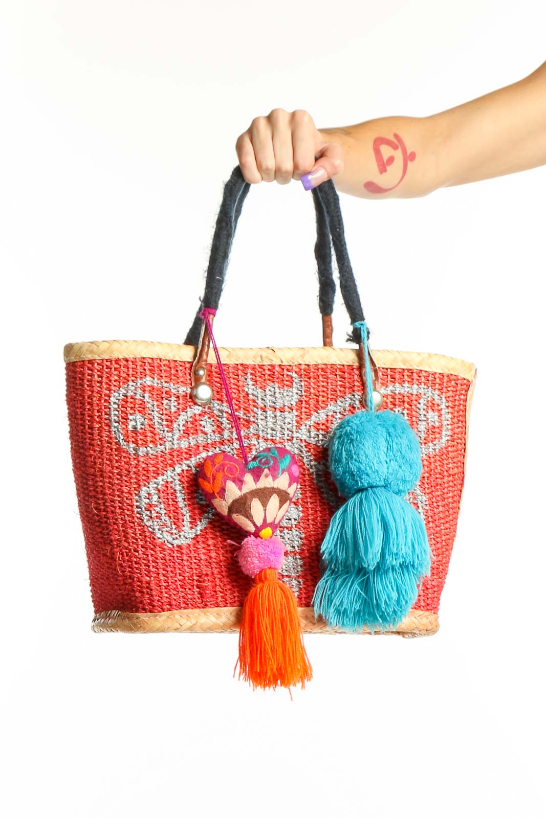 Red Woven Tote Bag with Colorful Tassels Front