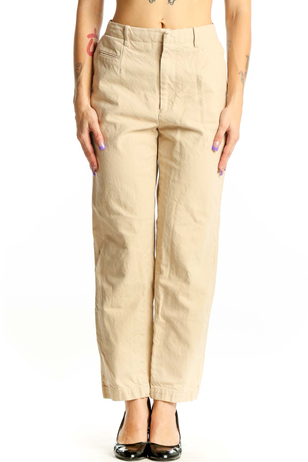 Cream Cotton Blend Chino Pants Front