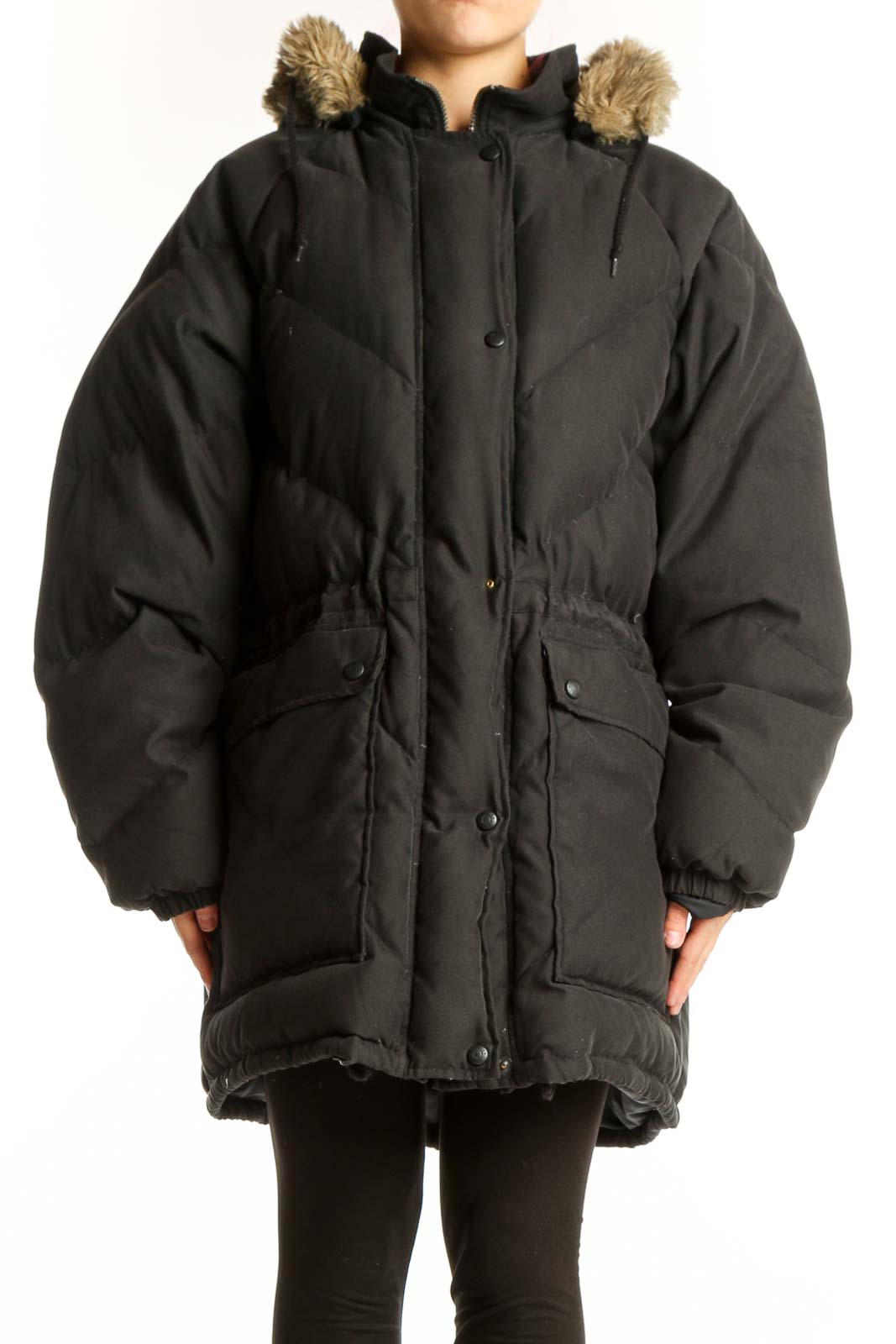 Black Puffer Coat with Fur Hood Front